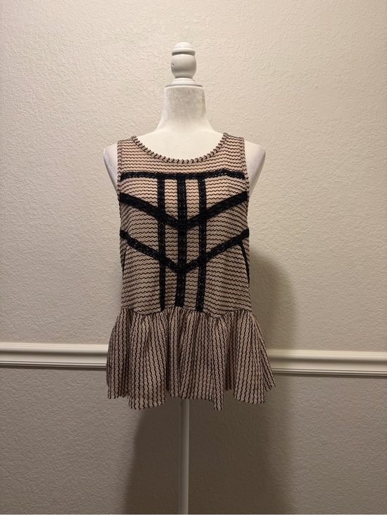 Free People Tops - Free People Lace & Stripe Peplum Top Black Toasted Almond Size S